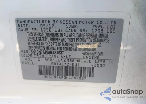 2017 Nissan Versa 1.6 S+ from USA, damaged, VIN 3N1CN7AP0HL887037